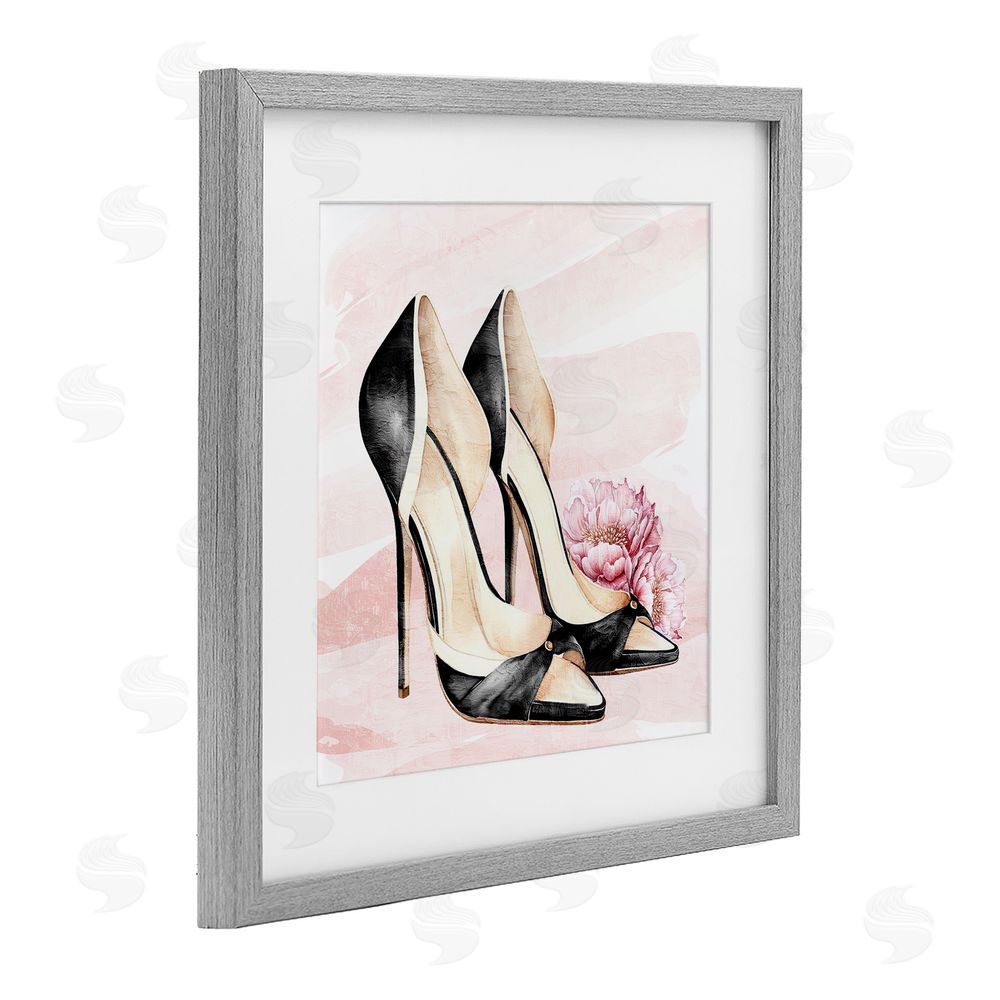 Kim Allen Blush Glam Time Shoes Gray Framed Print Under Glass Wall Art