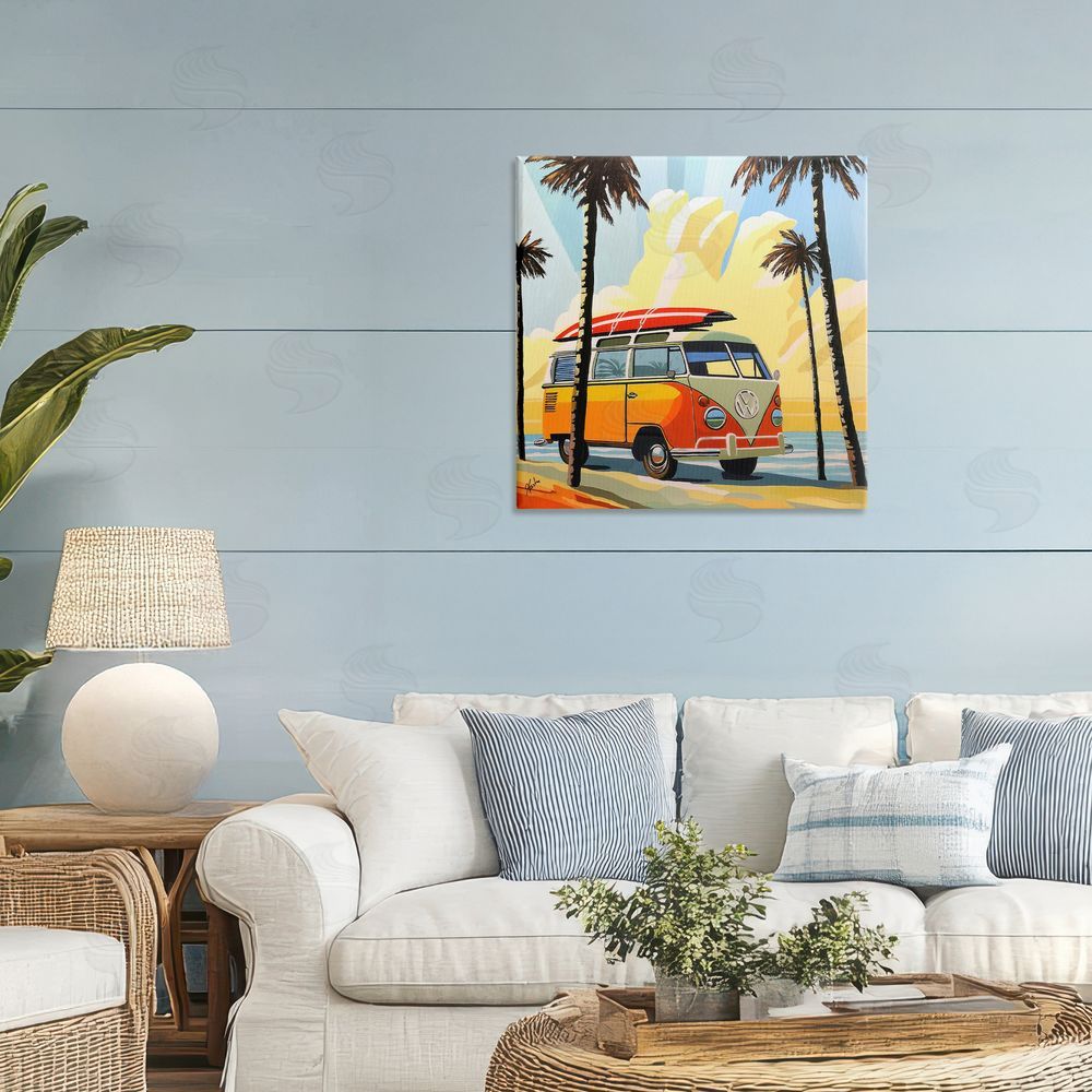 John Jaster Road Trip Beach Van Stretched Canvas Wall Art in Room
