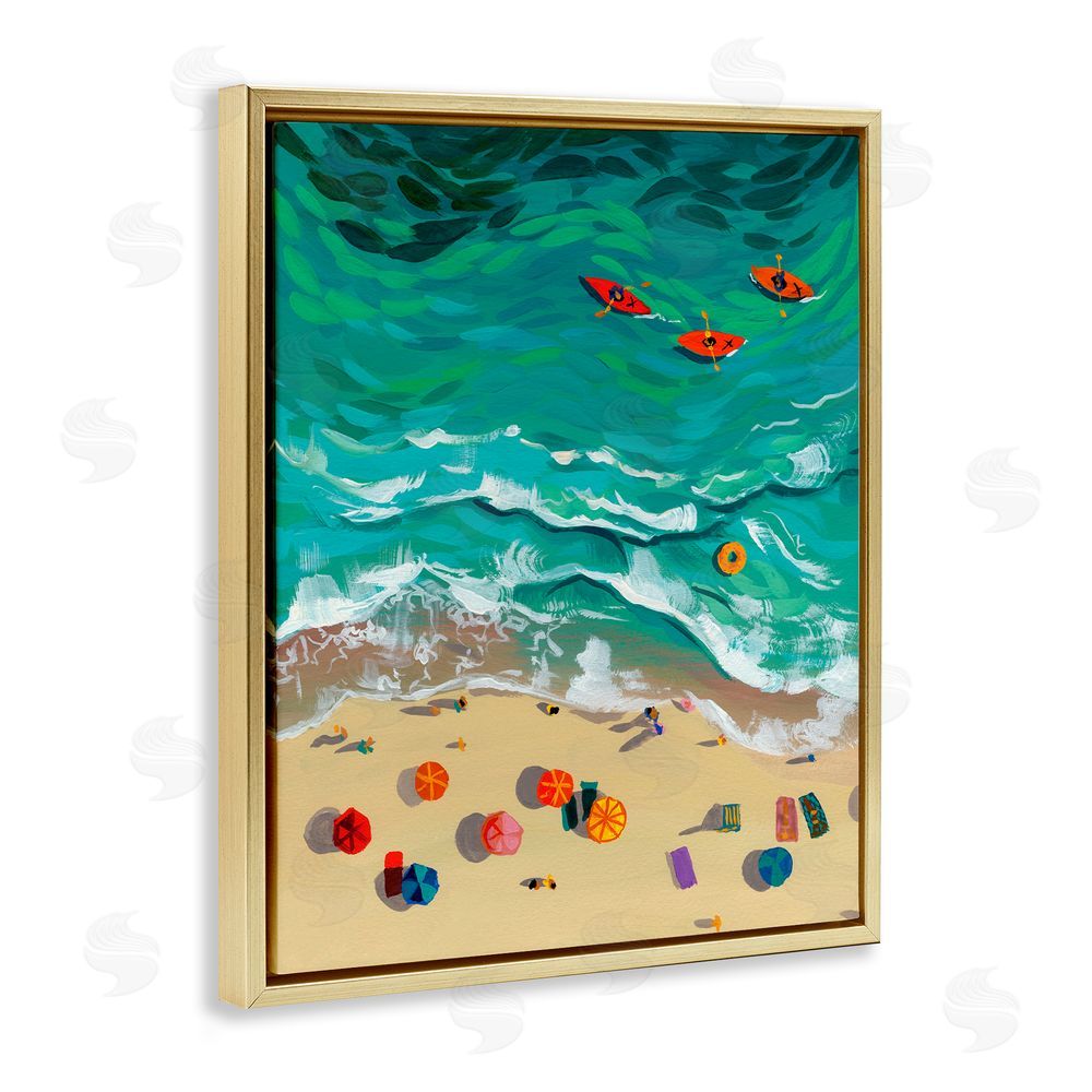 Brook Page Three Kayaks in Turquoise Waves Gold Floating Frame Canvas Wall Art Print