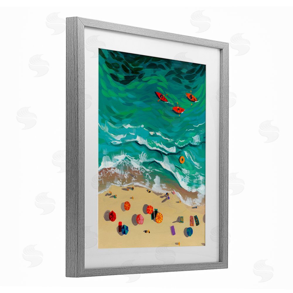 Brook Page Three Kayaks in Turquoise Waves Gray Framed Print Under Glass Wall Art