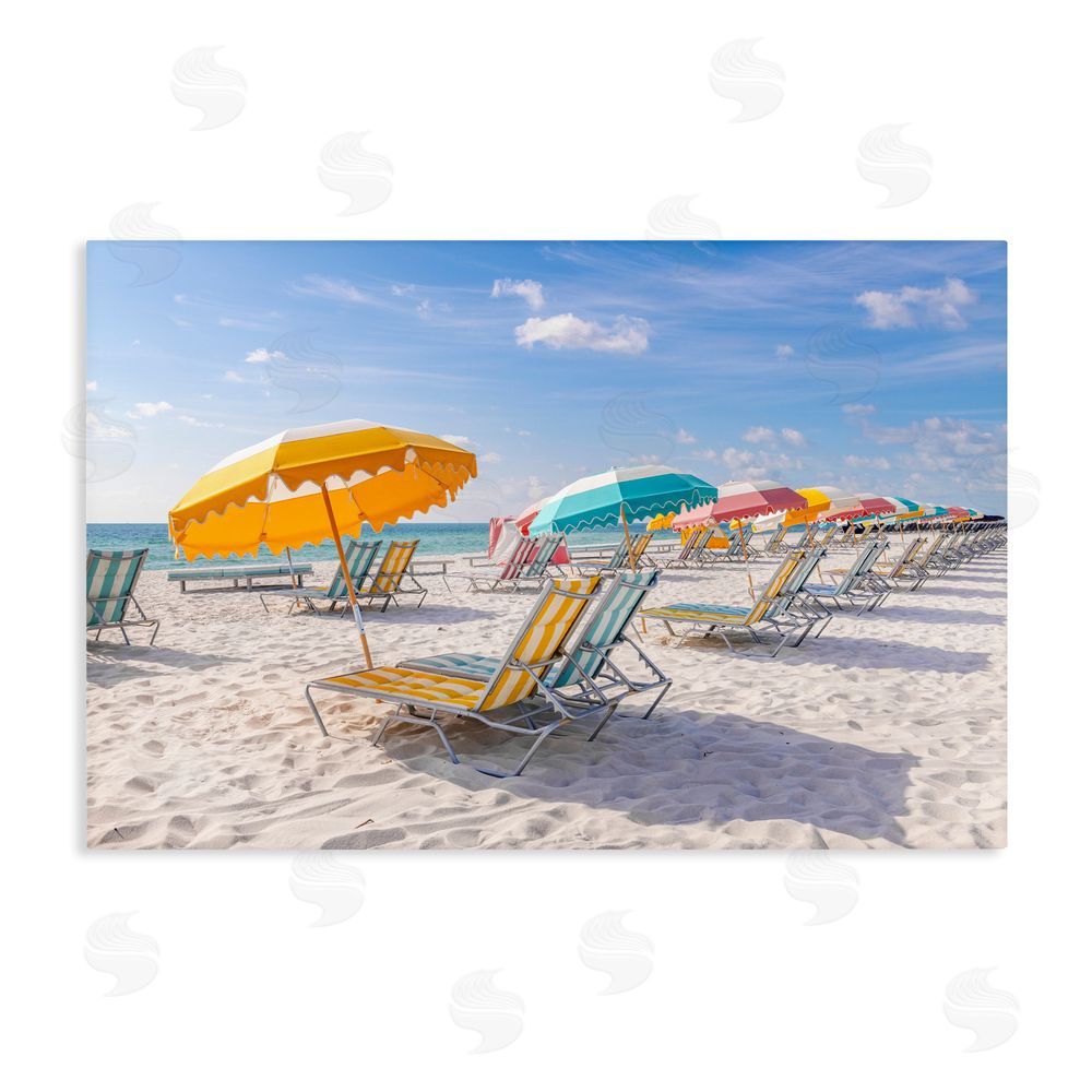 Richard Silver Striped Umbrellas on Sunny Beach Stretched Canvas Wall Art Print