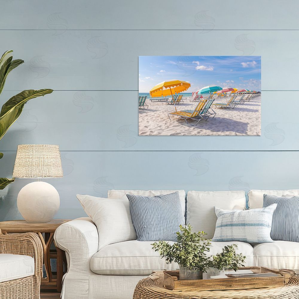 Richard Silver Striped Umbrellas on Sunny Beach Stretched Canvas Wall Art in Room