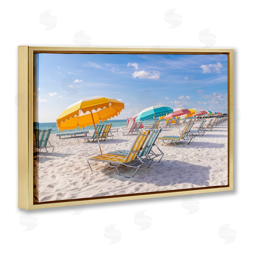 Richard Silver Striped Umbrellas on Sunny Beach Gold Floating Frame Canvas Wall Art Print