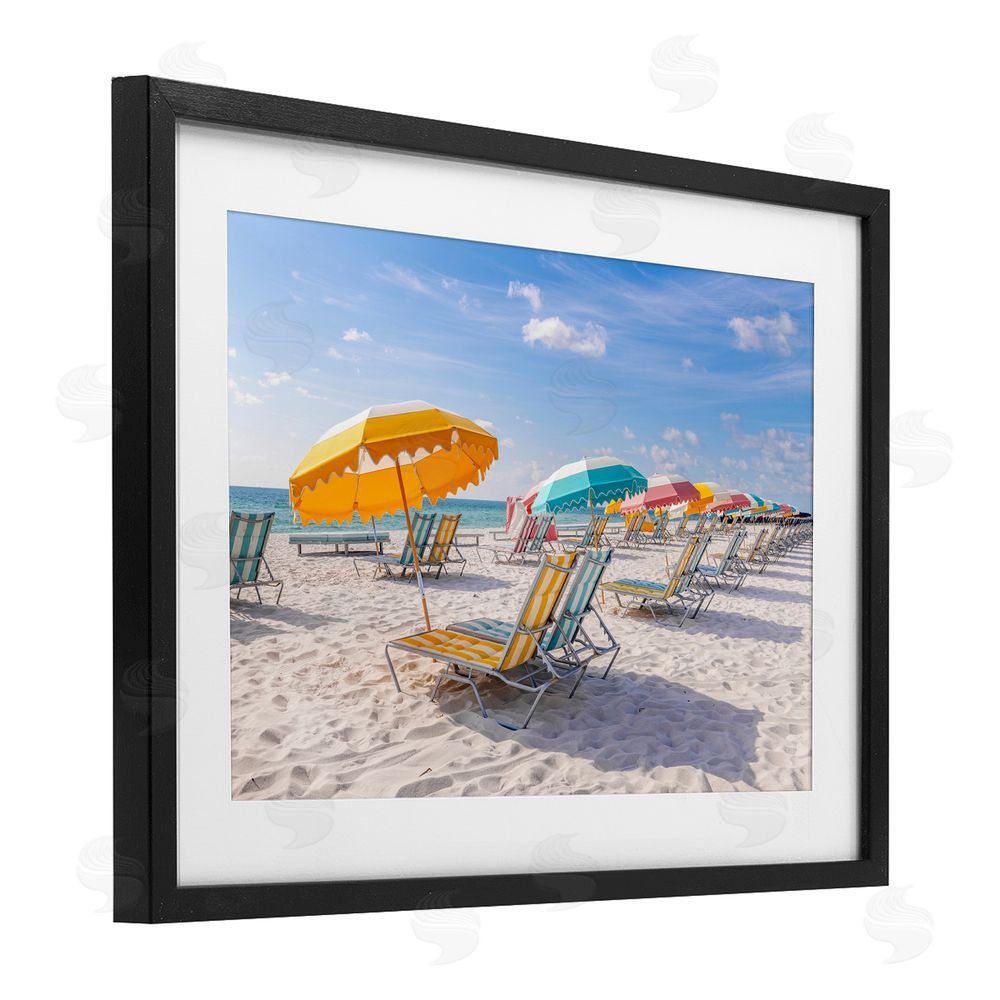 Richard Silver Striped Umbrellas on Sunny Beach Black Framed Print Under Glass Wall Art