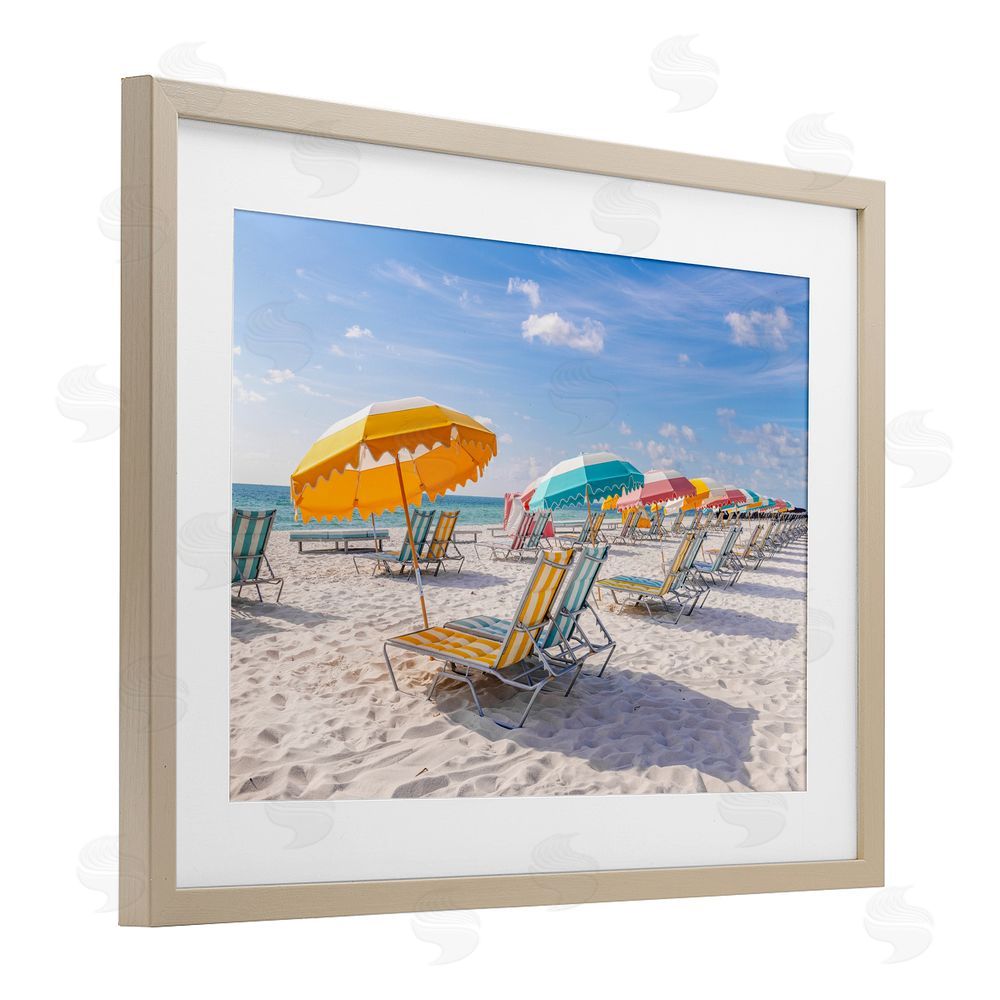 Richard Silver Striped Umbrellas on Sunny Beach Brown Framed Print Under Glass Wall Art