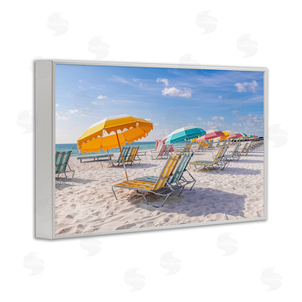 Richard Silver Striped Umbrellas on Sunny Beach White Framed Giclee Wall Art Print
