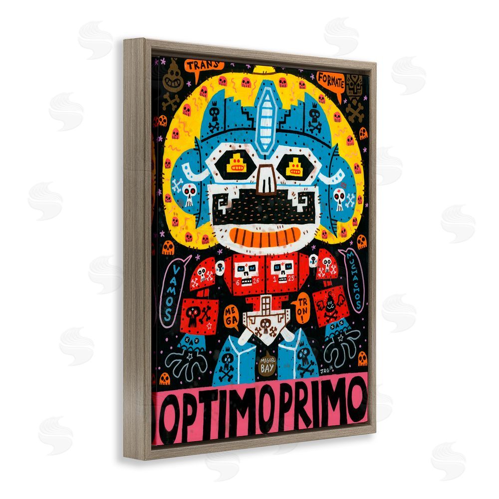 Jorge R. Gutierrez Iconic Robotic Character Collage Brown Floating Frame Canvas Wall Art Print