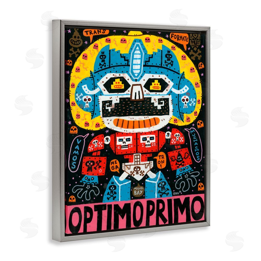 Jorge R. Gutierrez Iconic Robotic Character Collage Gray Floating Frame Canvas Wall Art Print