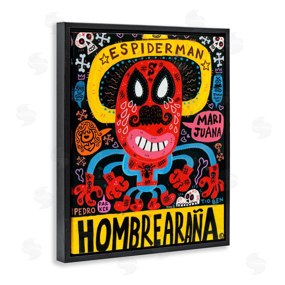 Jorge R. Gutierrez Iconic Superhero Character Collage Black Floating Frame Canvas Wall Art Print