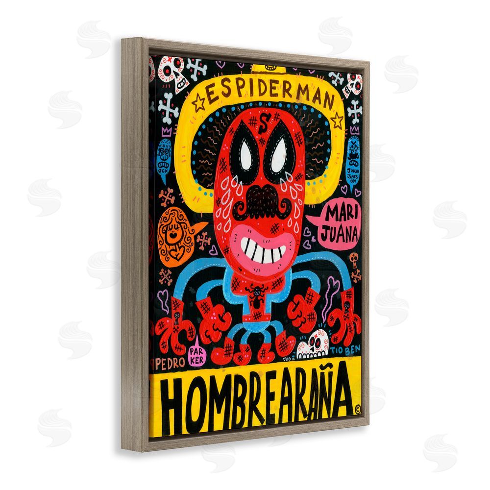 Jorge R. Gutierrez Iconic Superhero Character Collage Brown Floating Frame Canvas Wall Art Print