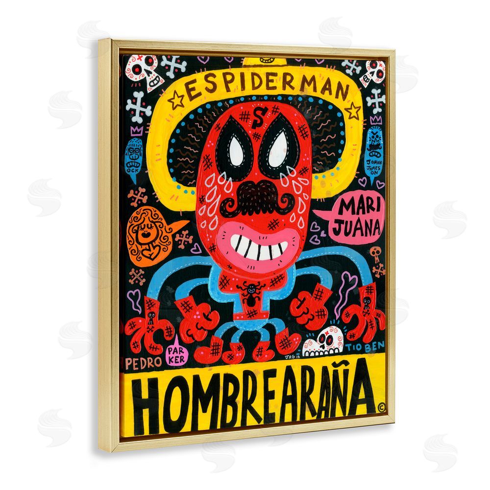 Jorge R. Gutierrez Iconic Superhero Character Collage Gold Floating Frame Canvas Wall Art Print