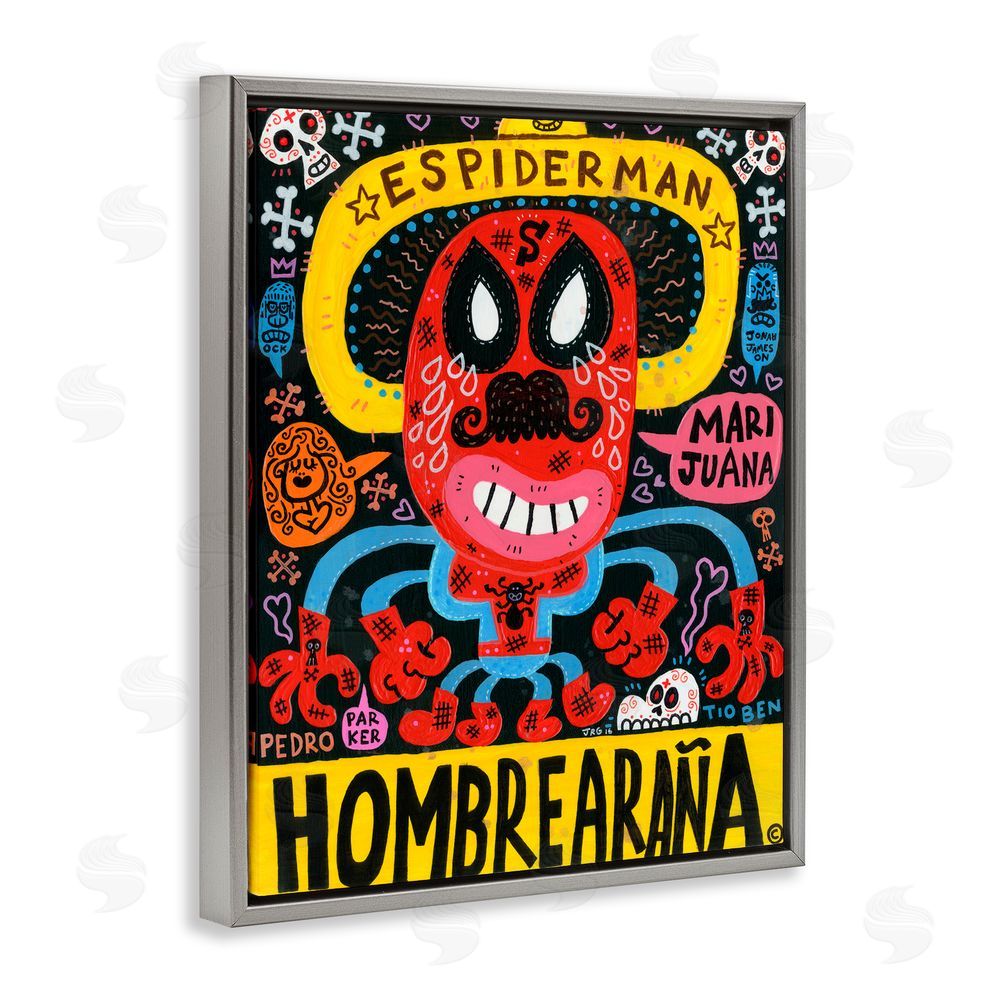 Jorge R. Gutierrez Iconic Superhero Character Collage Gray Floating Frame Canvas Wall Art Print