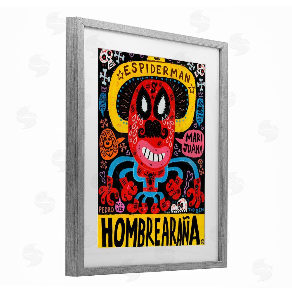 Jorge R. Gutierrez Iconic Superhero Character Collage Gray Framed Print Under Glass with White Mat Wall Art
