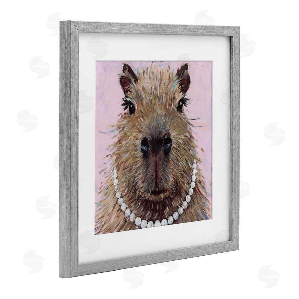 Studio Bautista Capybara with Pearl Necklace Gray Framed Print Under Glass with White Mat Wall Art