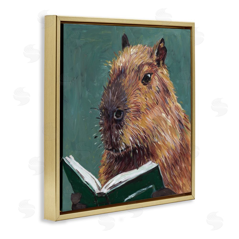 Studio Bautista Studious Capybara Reading Gold Floating Frame Canvas Wall Art Print