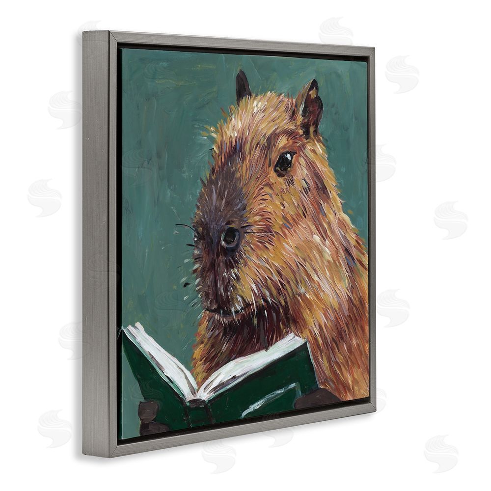 Studio Bautista Studious Capybara Reading Gray Floating Frame Canvas Wall Art Print