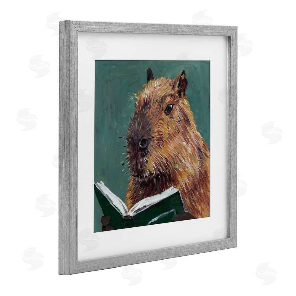Studio Bautista Studious Capybara Reading Gray Framed Print Under Glass with White Mat Wall Art