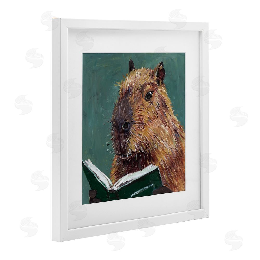 Studio Bautista Studious Capybara Reading White Framed Print Under Glass with Mat Wall Art