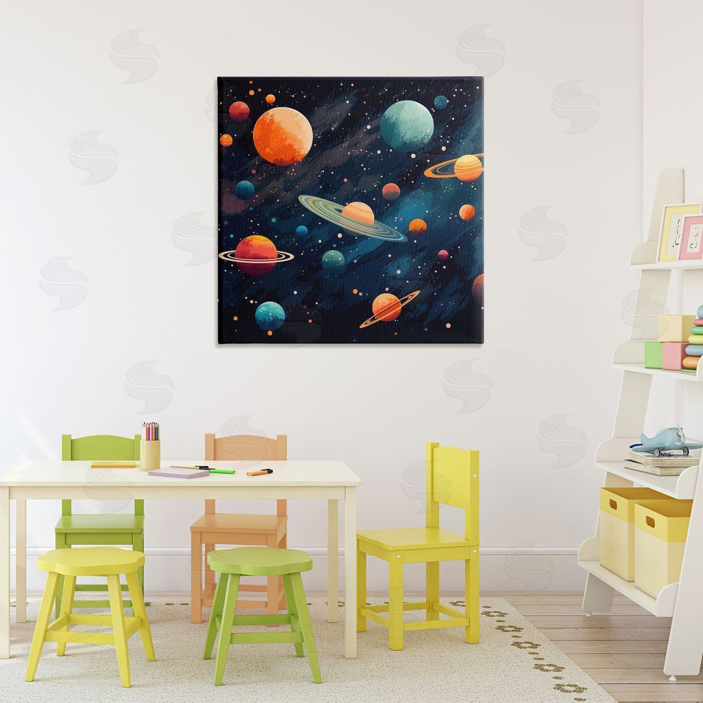 Creative Studio Orange & Blue Planets in Orbit Stretched Canvas Wall Art in Room