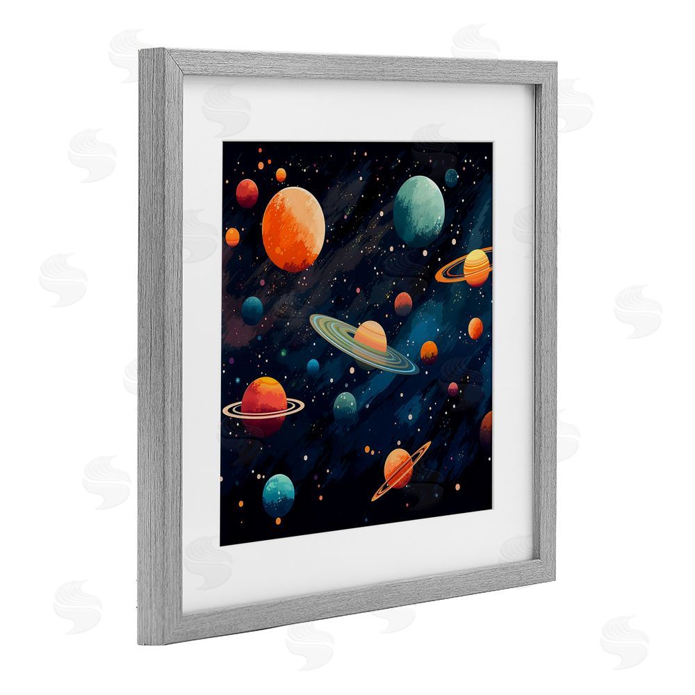 Creative Studio Orange & Blue Planets in Orbit Gray Framed Print Under Glass Wall Art
