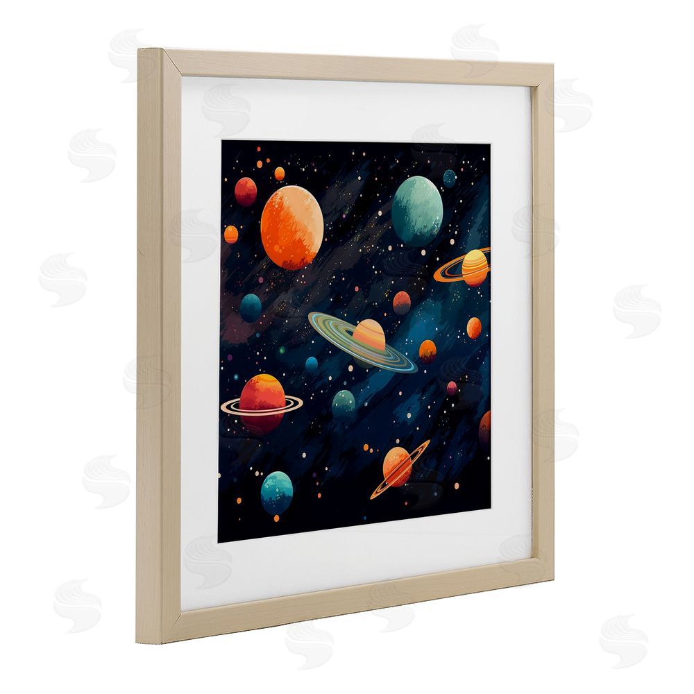 Creative Studio Orange & Blue Planets in Orbit Brown Framed Print Under Glass Wall Art
