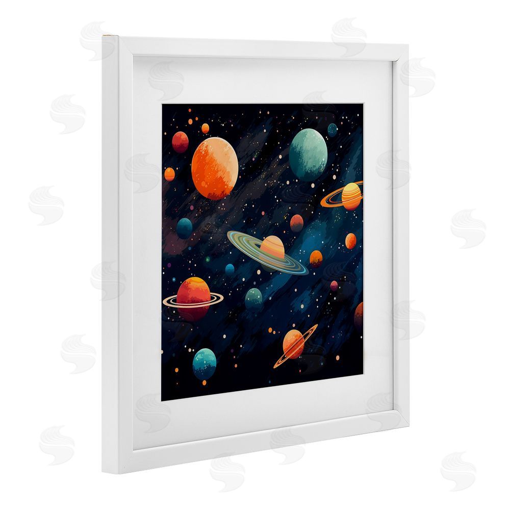 Creative Studio Orange & Blue Planets in Orbit White Framed Print Under Glass Wall Art