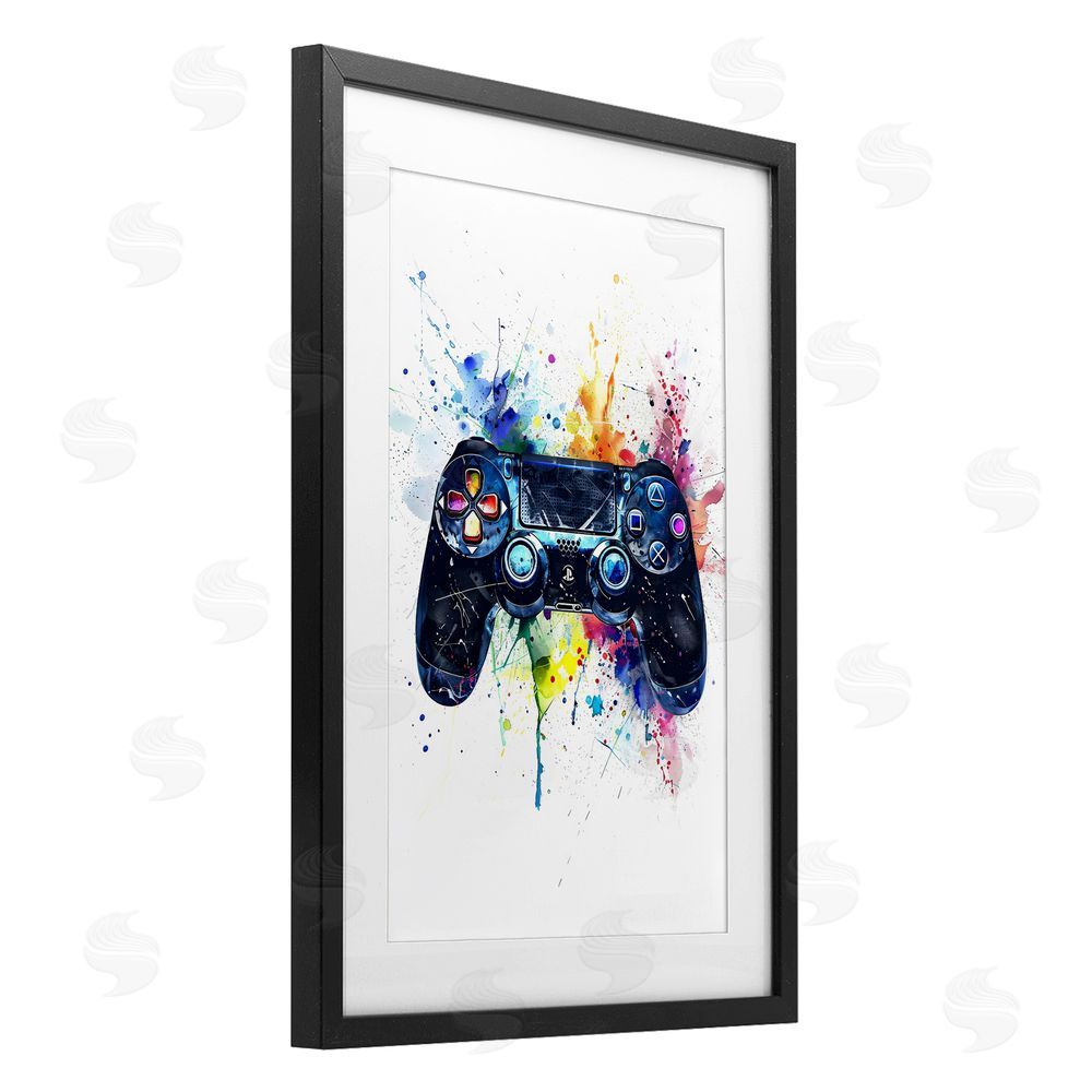 Creative Studio Colorful Gaming Controller Splatter Black Framed Print Under Glass Wall Art