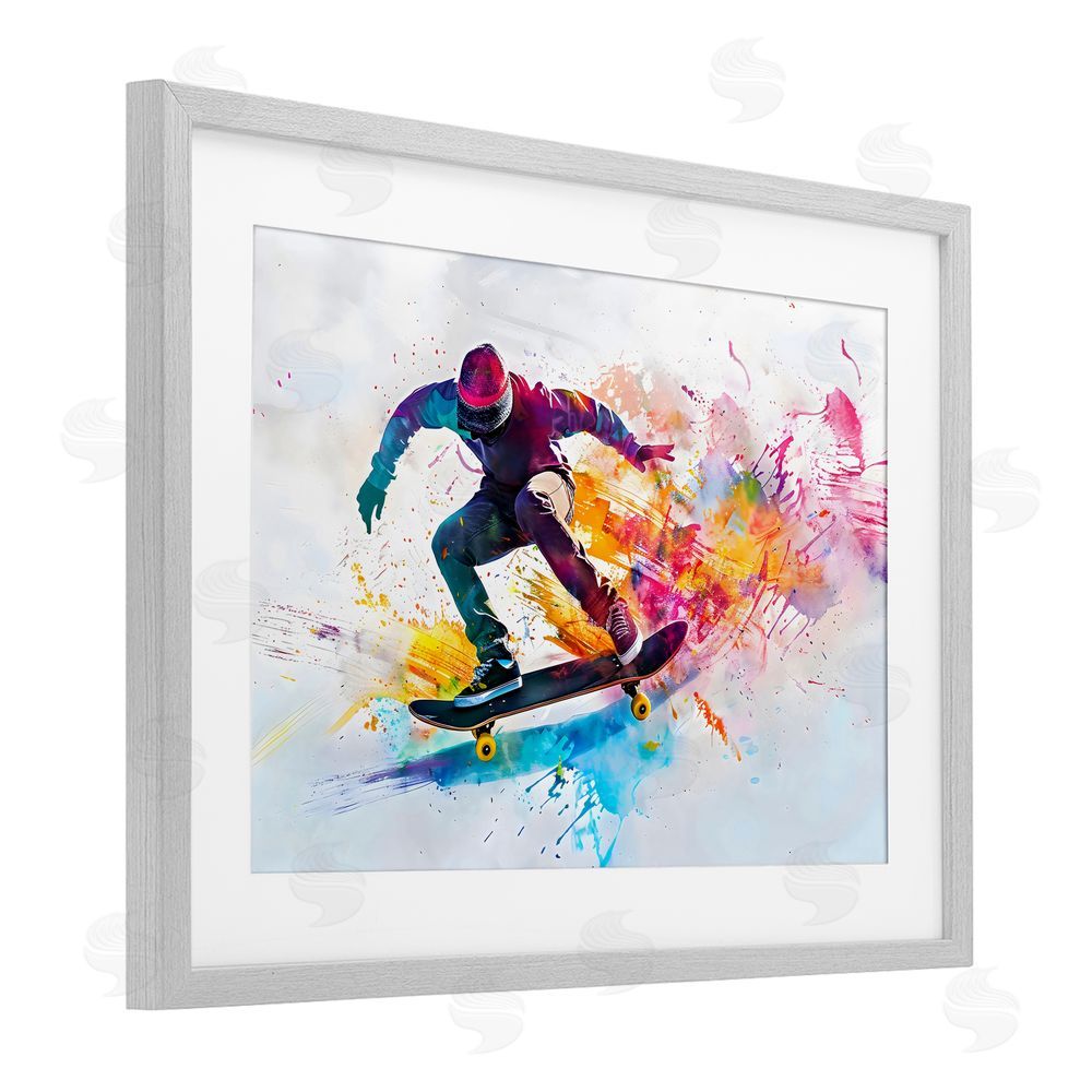 Creative Studio Skateboarder in Motion Gray Framed Print Under Glass with White Mat Wall Art