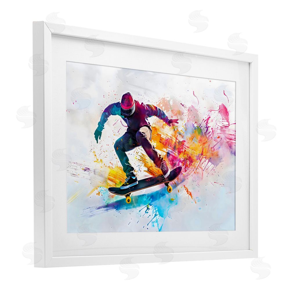 Creative Studio Skateboarder in Motion White Framed Print Under Glass with White Mat Wall Art