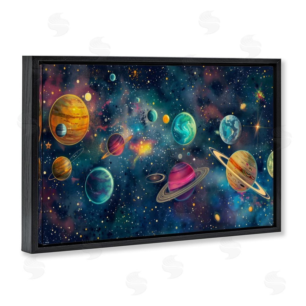 Creative Studio Celestial Planetary Parade Black Floating Frame Stretched Canvas Wall Art Print