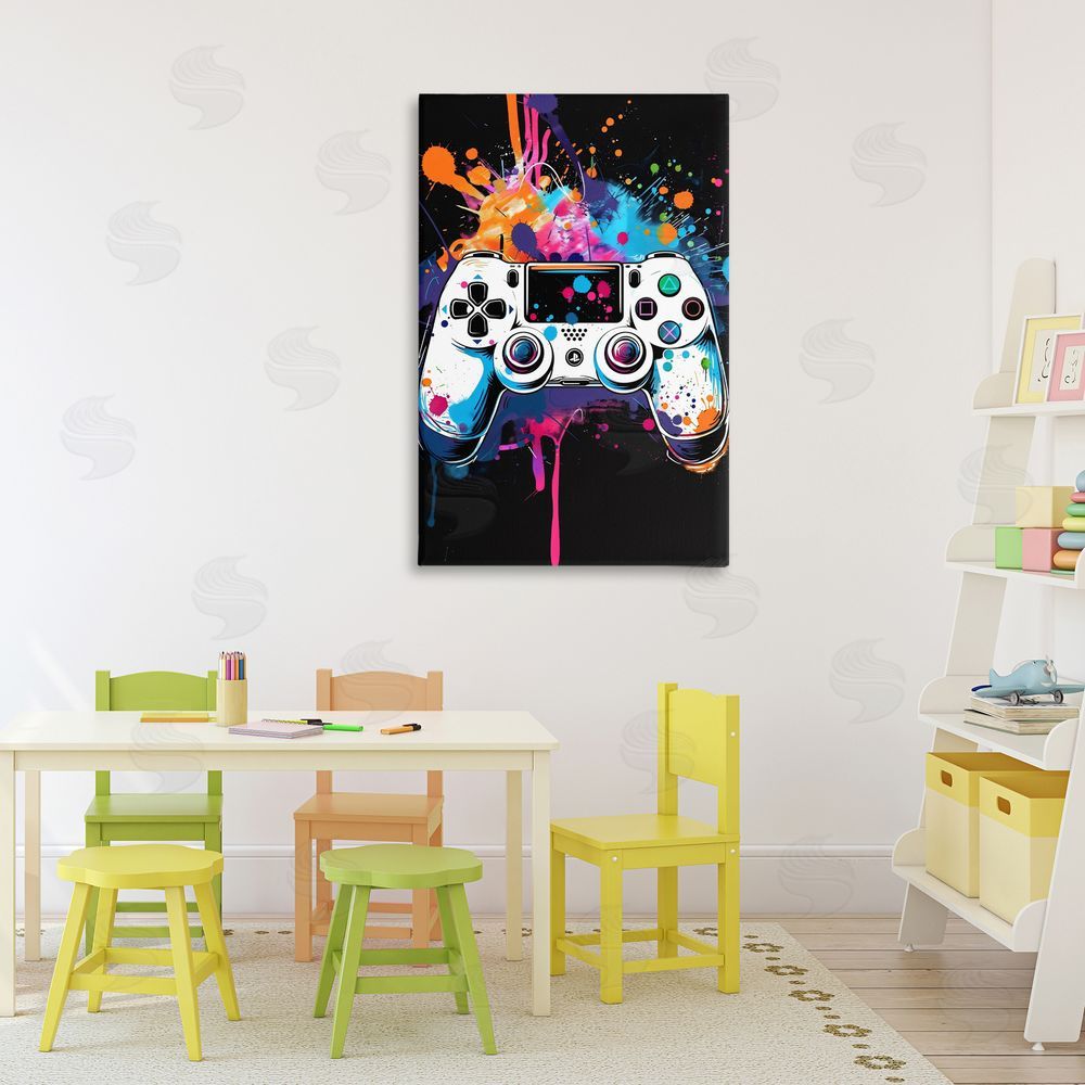 Creative Studio Controller Contrast with Neon Splatter Stretched Canvas Wall Art in Room