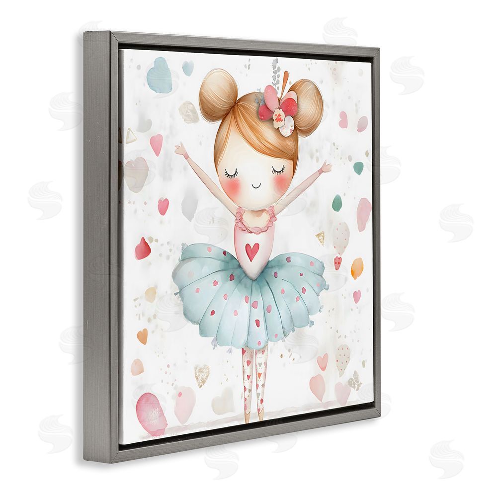 Creative Studio Cute Ballerina with Hearts Gray Floating Frame Canvas Wall Art Print