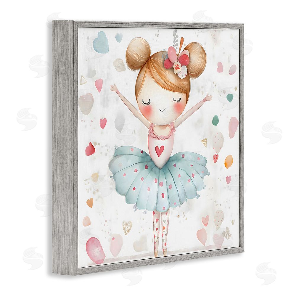 Creative Studio Cute Ballerina with Hearts Gray Framed Giclee Wall Art Print