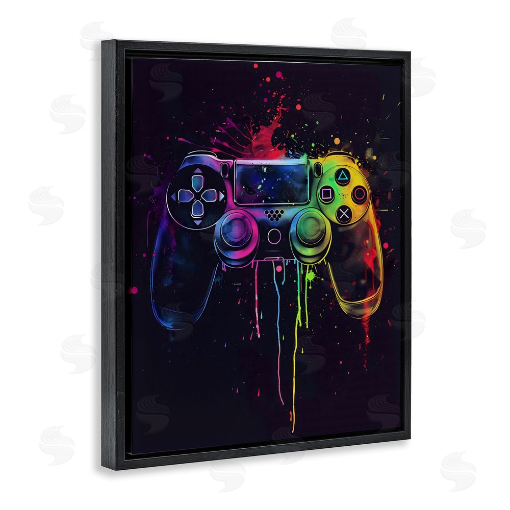 Creative Studio Rainbow Glow Gaming Controller Black Floating Framed Canvas Wall Art