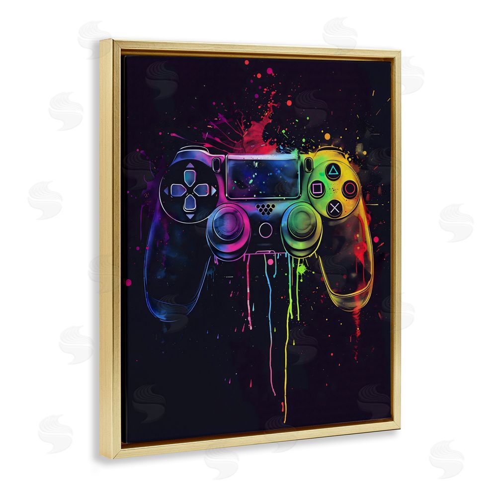 Creative Studio Rainbow Glow Gaming Controller Gold Floating Framed Canvas Wall Art