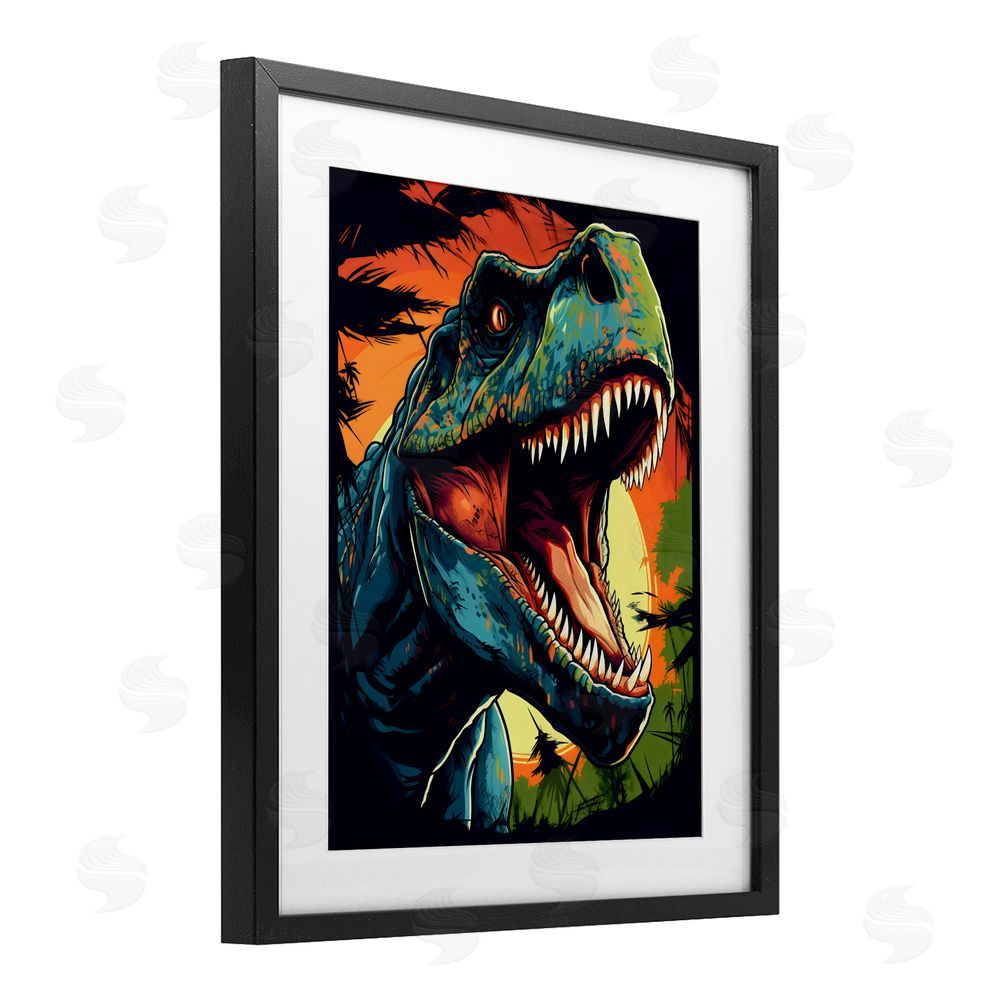 Creative Studio Dino Roar at Sunset Black Framed Print Under Glass Wall Art