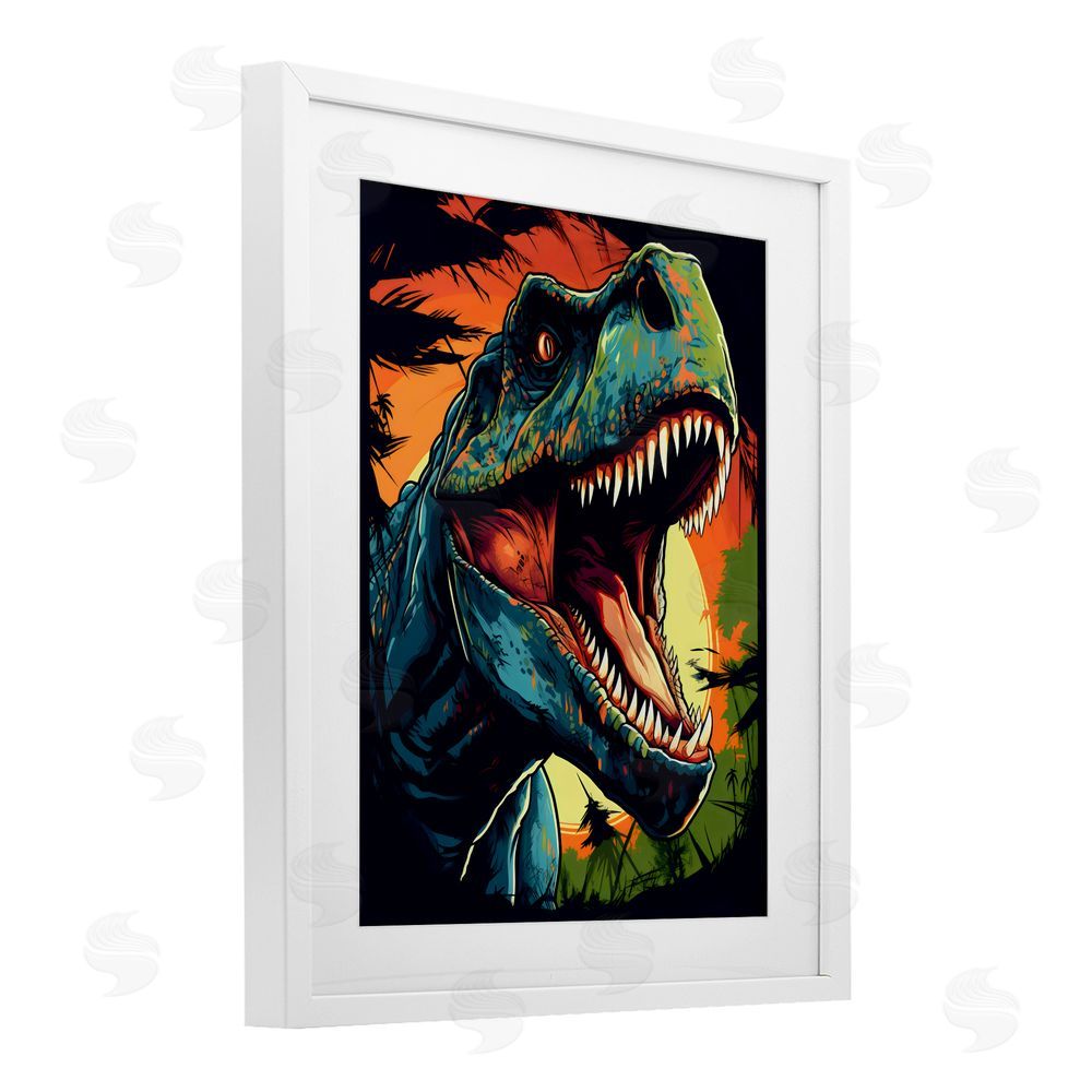 Creative Studio Dino Roar at Sunset White Framed Print Under Glass Wall Art