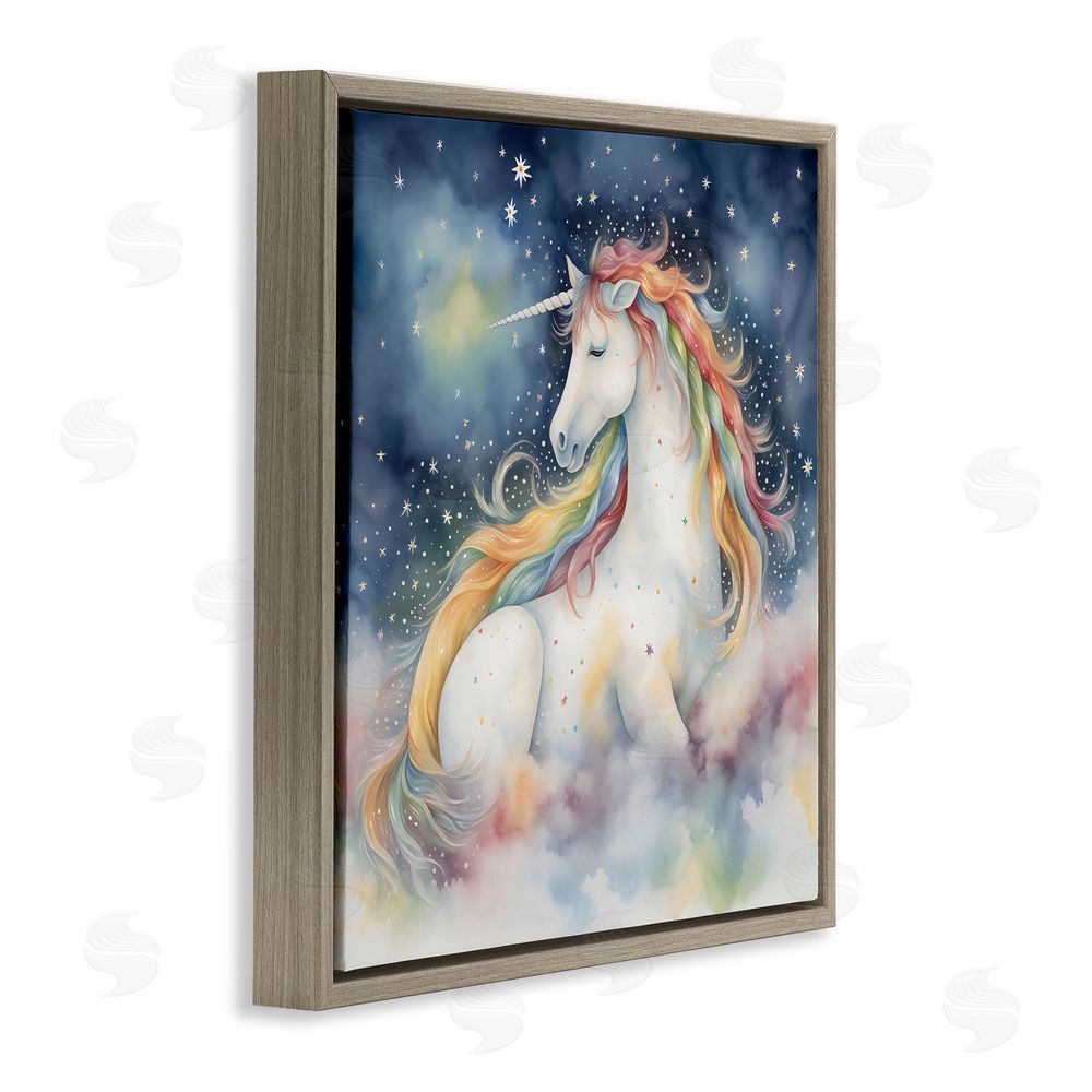 Creative Studio Unicorn Floating on the Clouds Brown Floating Framed Canvas Wall Art Print