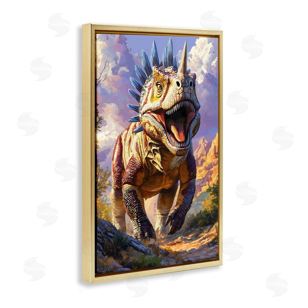 Creative Studio Fierce Horned Dinosaur Gold Floating Framed Canvas Wall Art