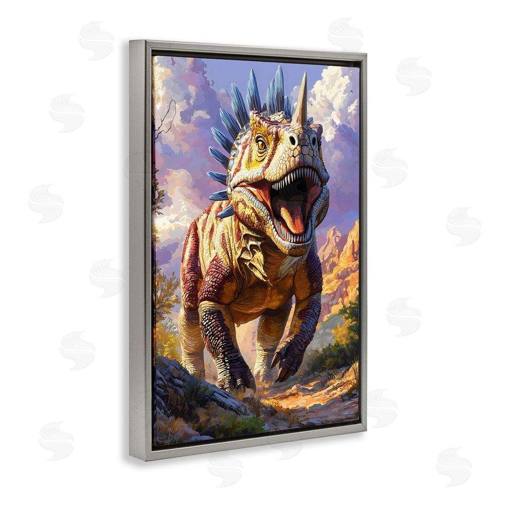 Creative Studio Fierce Horned Dinosaur Gray Floating Framed Canvas Wall Art
