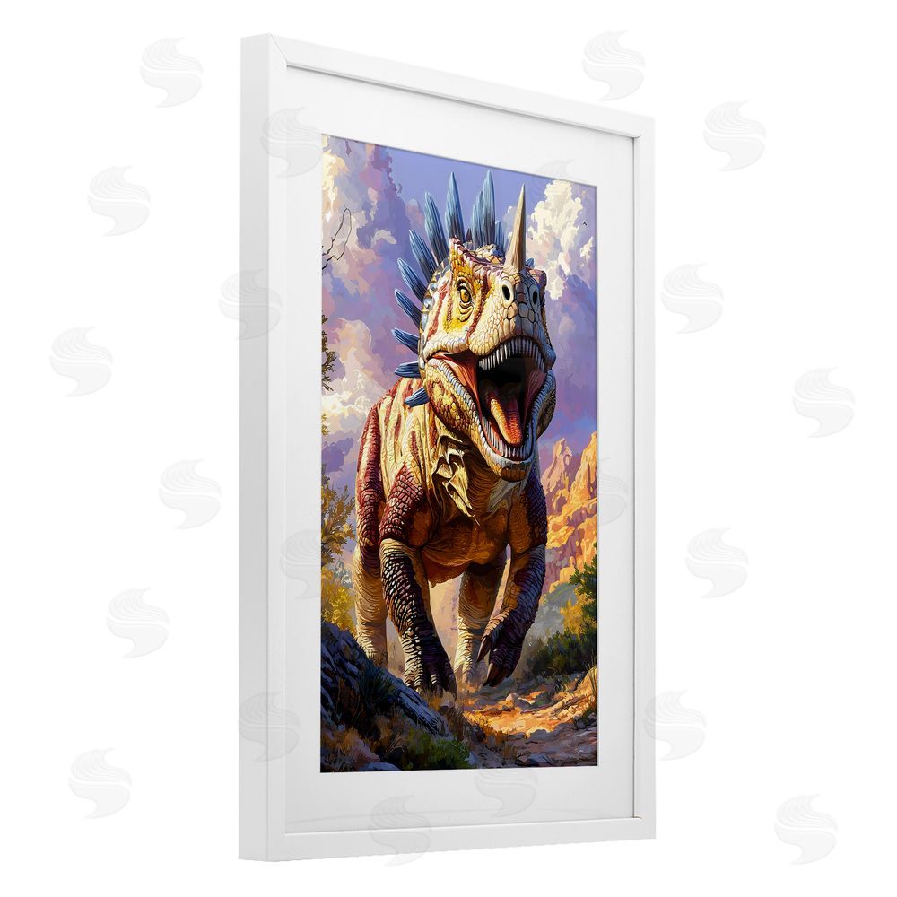 Creative Studio Fierce Horned Dinosaur White Framed Print Under Glass Wall Art