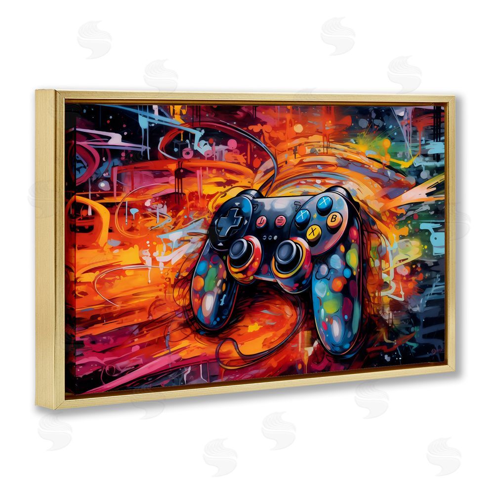 Creative Studio Gaming Swirl Controller Energy Gold Floating Framed Canvas Wall Art