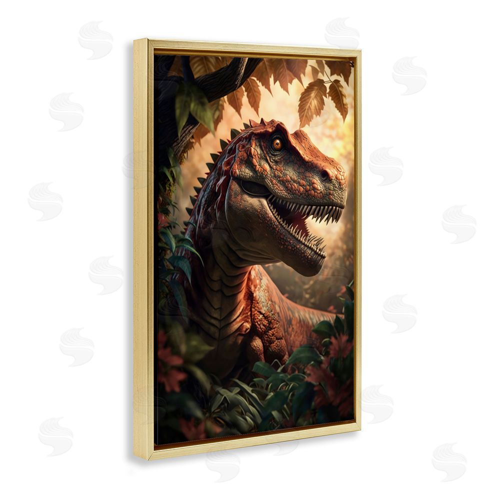 Creative Studio Jungle Raptor with Ancient Foliage Gold Floating Framed Canvas Wall Art