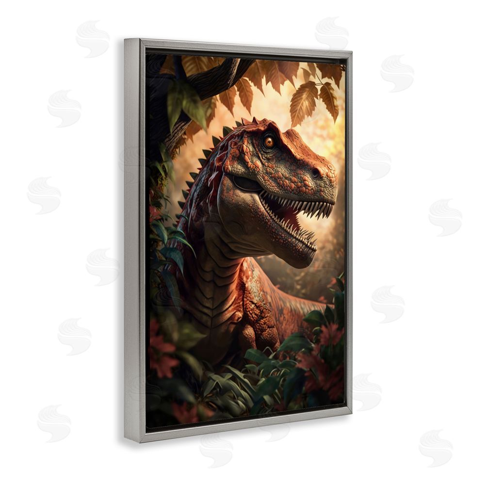 Creative Studio Jungle Raptor with Ancient Foliage Gray Floating Framed Canvas Wall Art