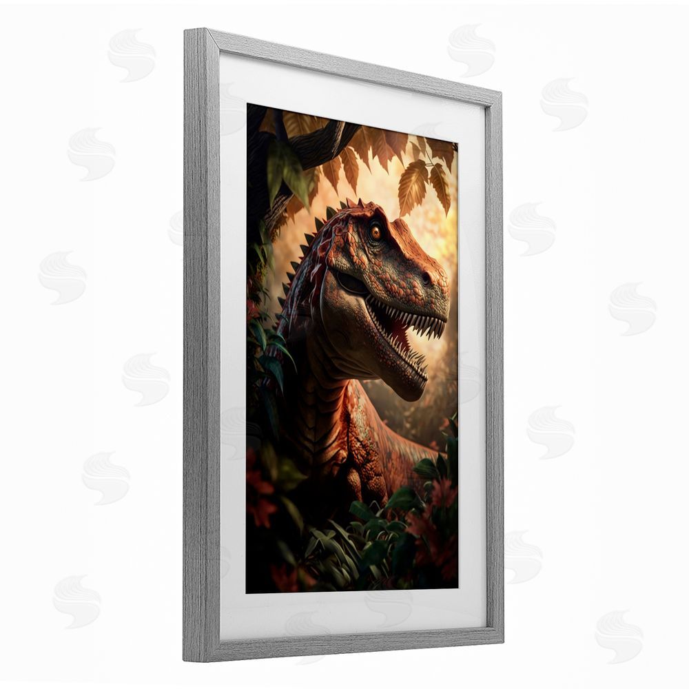 Creative Studio Jungle Raptor with Ancient Foliage Gray Framed Print Under Glass Wall Art