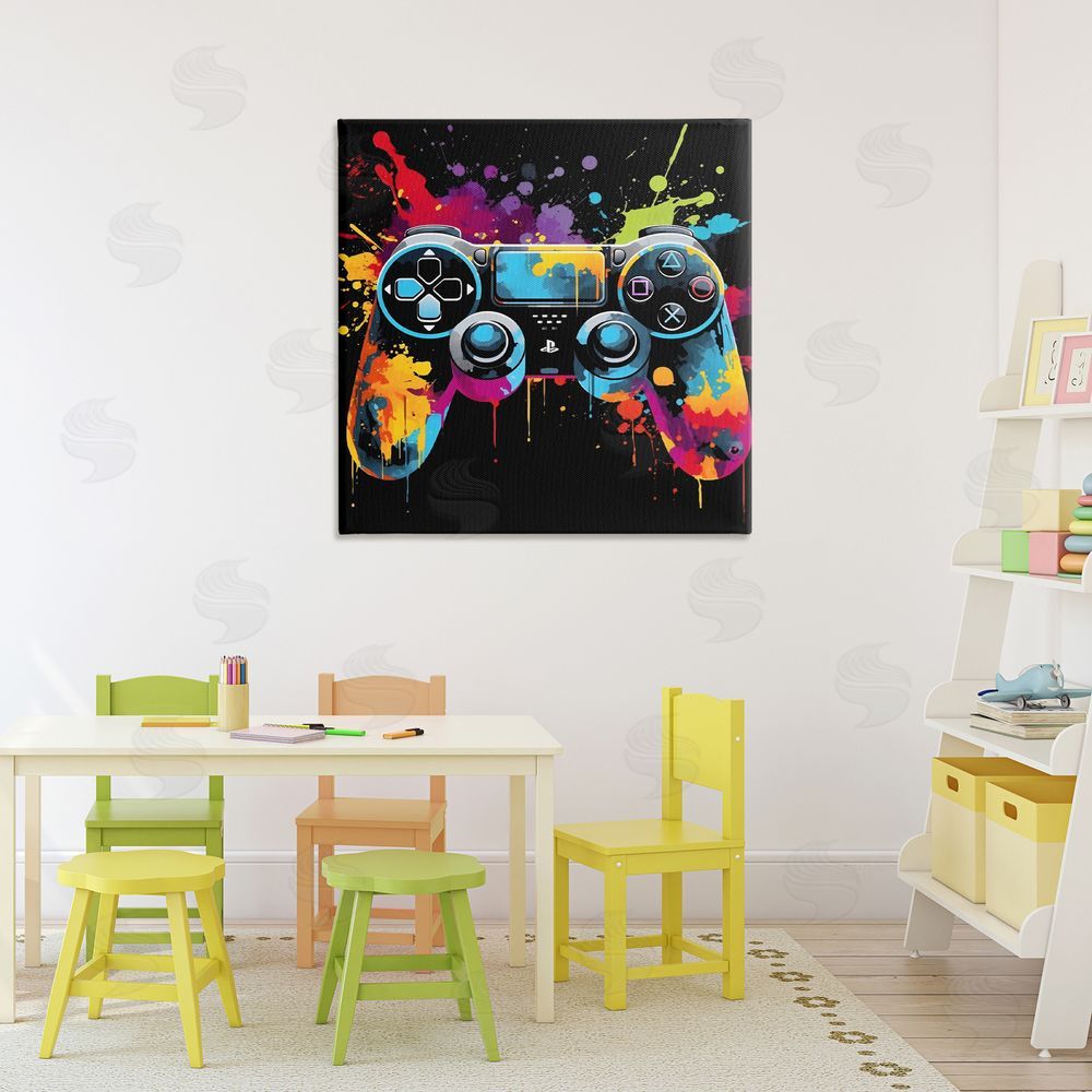 Creative Studio Paint Splash Game Controller Stretched Canvas Wall Art in Room