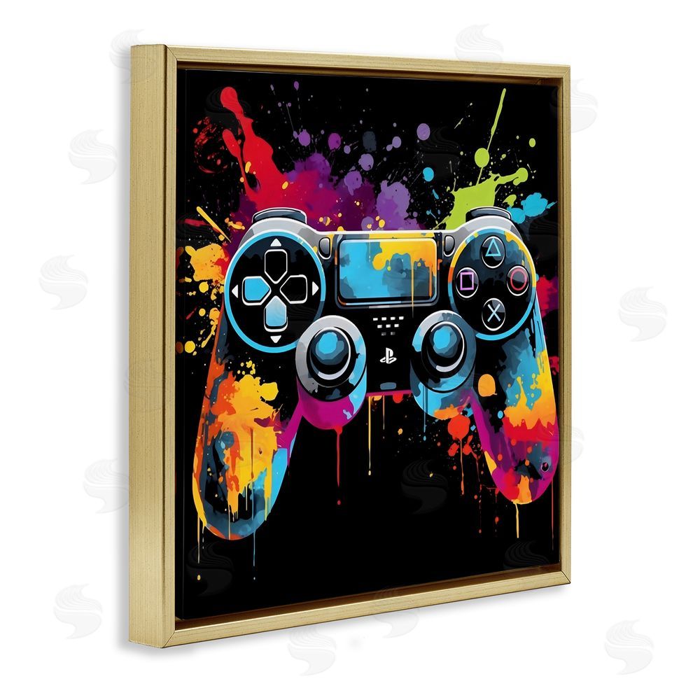Creative Studio Paint Splash Game Controller Gold Floating Framed Canvas Wall Art