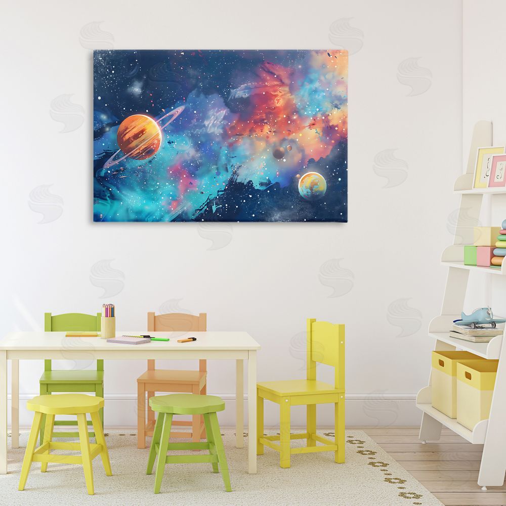 Creative Studio Nebula Dreams Scattered Planets Stretched Canvas Wall Art in Room