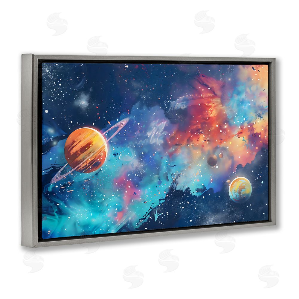 Creative Studio Nebula Dreams Scattered Planets Gray Floating Framed Canvas Wall Art