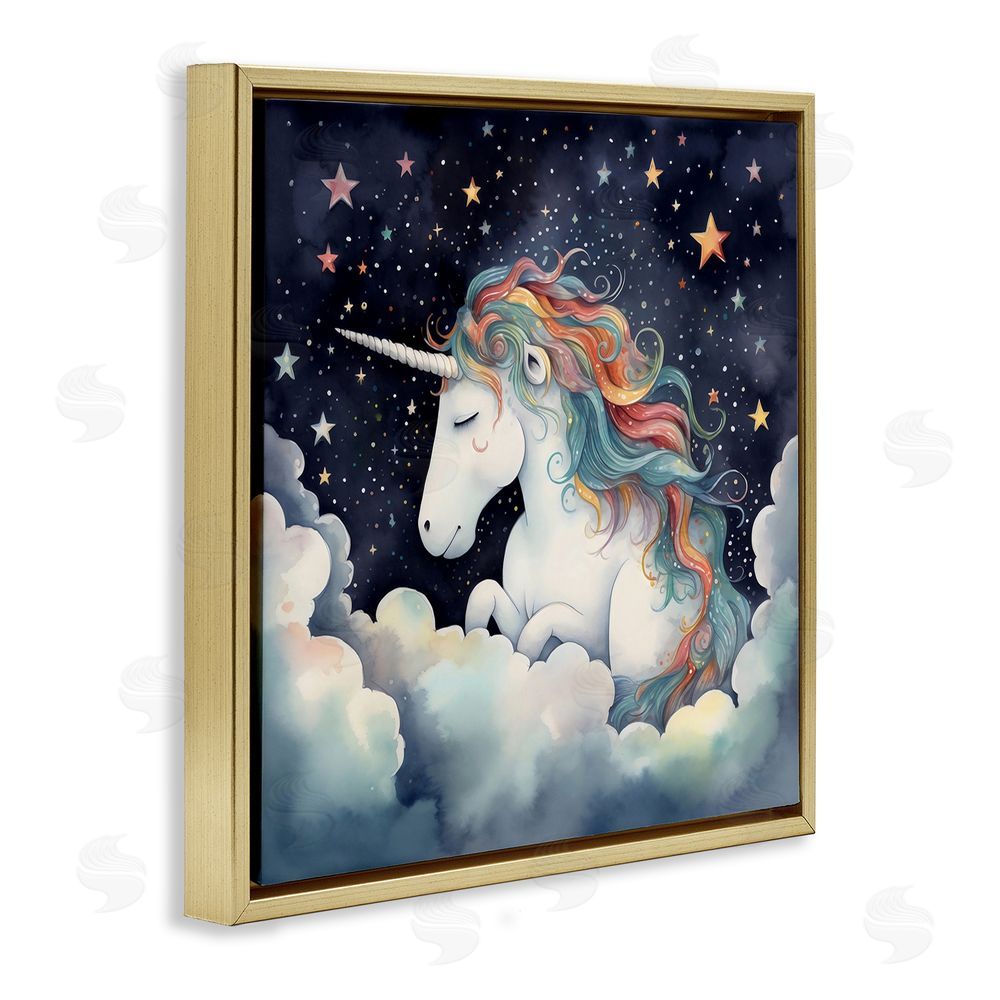Creative Studio Sleepy Unicorn in Starlit Clouds Gold Floating Framed Canvas Wall Art Print